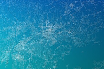 Map of the streets of Okayama (Japan) made with white lines on greenish blue gradient background. 3d render, illustration