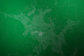 Map of the streets of Sapporo (Japan) made with white lines on abstract green background lit by two lights. Top view. 3d render, illustration