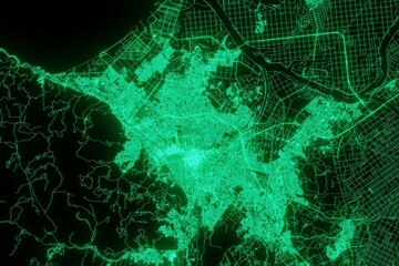 Map of the streets of Sapporo (Japan) made with green illumination and glow effect. Top view on roads network. 3d render, illustration