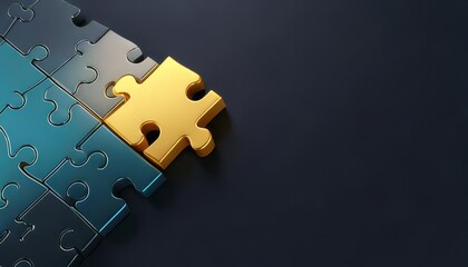 Fototapeta premium A close-up image of a gold puzzle piece fitting into a blue puzzle, symbolizing problem-solving and completion.