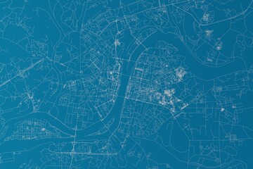 Map of the streets of Pyongyang (North Korea) made with white lines on blue background. 3d render, illustration