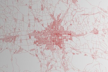 Map of the streets of Bishkek (Kyrgyzstan) made with red lines on white paper. 3d render, illustration