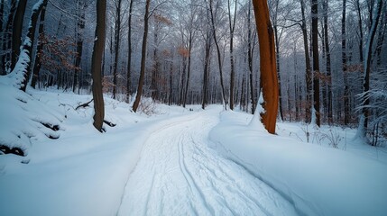 Obraz premium Snow-covered path winding through a forest with bare trees and some remaining brown leaves. Fresh tire tracks are visible on the path, and the ground is heavily covered in snow.