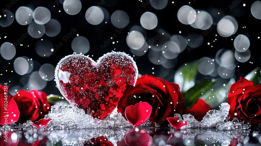 Wall mural a pair of red roses resting atop a table alongside a frosted heart-shaped glass