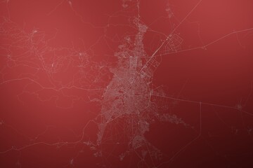 Map of the streets of Konya (Turkey) made with white lines on abstract red background lit by two lights. Top view. 3d render, illustration