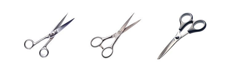 Three pairs of scissors are shown against a white background.  The scissors are arranged horizontally in three different positions, with one pair oriented vertically.