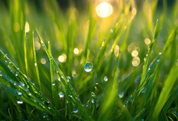 Fototapeta premium stunning macro close dew drenched grass blades highlighting sparkling beauty dawn, droplets, morning, sunlight, nature, texture, green, freshness