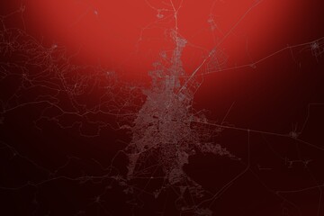 Street map of Konya (Turkey) engraved on red metal background. Light is coming from top. 3d render, illustration