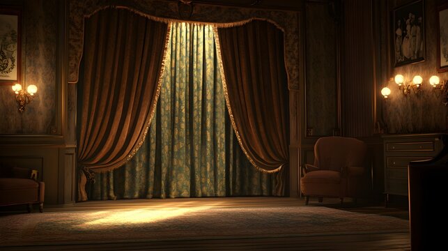 A cozy vintage theater scene featuring soft, warm light streaming through rich, textured curtains, creating a nostalgic atmosphere that evokes memories of classic performances 