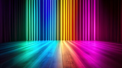A dynamic image of rainbow-colored lights arranged in vertical stripes, pulsating with vibrant intensity, creating an electrifying atmosphere in a modern stage setup, perfect for live performances 