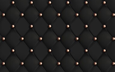 A textured black upholstery with diamond patterns and metallic studs, ideal for interior design.