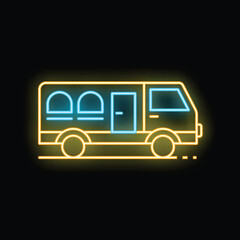Neon bus icon is glowing on a dark background, representing public transportation and urban mobility