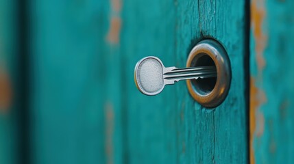 Fototapeta premium Key in a turquoise wooden door lock, symbolizing security and access, AI