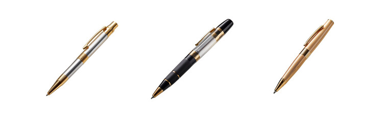 Naklejka premium Three pens, silver, black, and gold, are lying on a white surface with shadows.