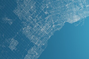 Map of the streets of Mississauga (Canada) made with white lines on blue paper. Rough background. 3d render, illustration