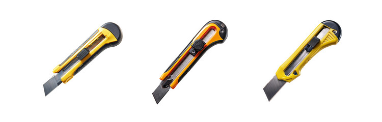 Three yellow and black utility knives are arranged in a row on a white background.