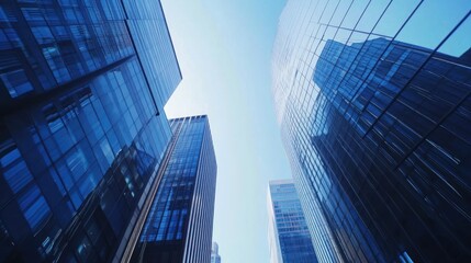 A low-angle view of towering skyscrapers in a modern city
