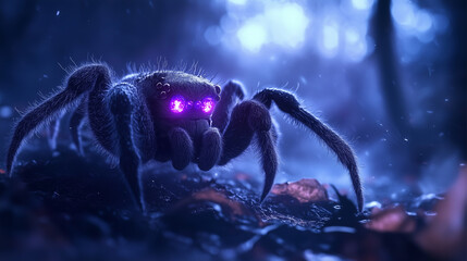 A creepy spider with purple eyes is standing in a dark forest. The spider is surrounded by leaves and branches, giving it a creepy and ominous appearance. Scene is eerie and unsettling