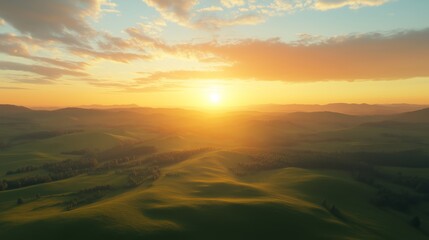 Fototapeta premium A breathtaking sunset over rolling hills in an expansive landscape, capturing nature's beauty during twilight in the countryside