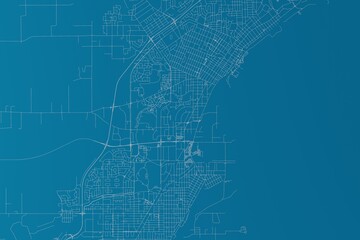 Map of the streets of Thunder Bay (Canada) made with white lines on blue background. 3d render, illustration