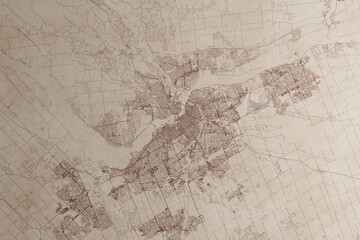 Map of Ottawa (Canada) on an old vintage sheet of paper. Retro style grunge paper with light coming from right. 3d render