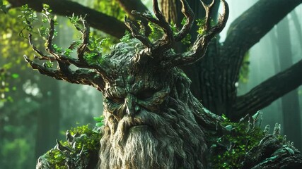 A majestic tree-like creature with intricate details, surrounded by lush greenery.