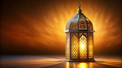 A traditional Arabic lantern glows on a wooden surface against a sunset backdrop.