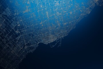 Street map of Toronto (Canada) engraved on blue metal background. View with light coming from top. 3d render, illustration