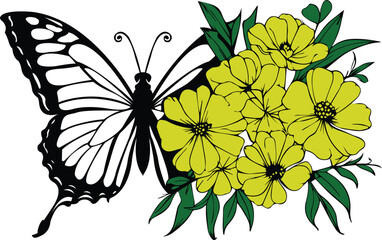 Intricate butterfly and floral bouquet vector line art – Ideal for graphic design, tattoo patterns, and coloring book pages
