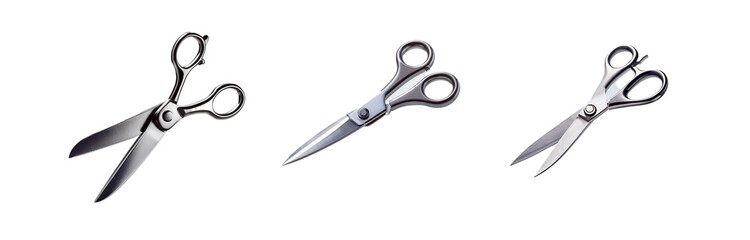 Fototapeta premium Three pairs of scissors are positioned on a white background.