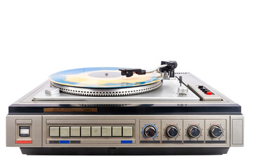 Fototapeta premium Vintage turntable record player with blue and orange vinyl isolated on white background.