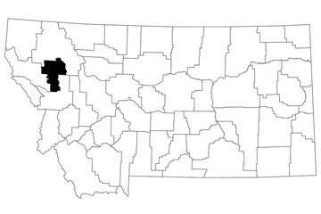 Map of Lake County in Montana state on white background. single County map highlighted by black colour on Montana map. UNITED STATES, US