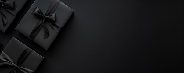 Black Friday banner with black gift boxes. Black Friday background with space for text. Generative AI.
