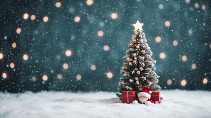 Obraz premium A beautifully decorated Christmas tree with snow-covered branches and festive gifts at its base, set against a soft bokeh backdrop, creating a warm holiday atmosphere.
