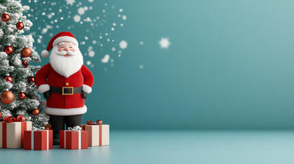 A festive scene featuring a cheerful Santa Claus next to a beautifully decorated Christmas tree, surrounded by colorful presents and a soft, sparkling winter background.