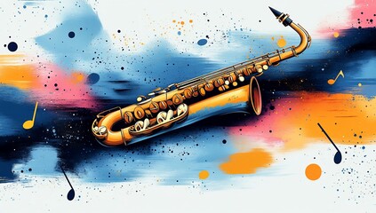 A vibrant illustration of a saxophone surrounded by colorful musical notes and splashes.