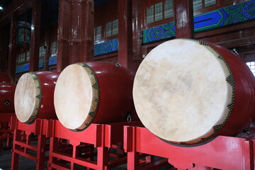 drum inside Drum Tower in Beijing, China. Retro Chinese drums