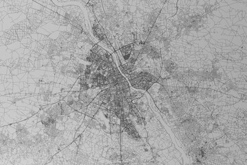 Map of the streets of Warsaw (Poland) made with black lines on grey paper. Top view. 3d render, illustration