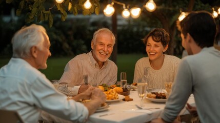 joyful multigenerational family gathering outdoors, enjoying meal together under warm string lights. Laughter and happiness fill air as they share stories and delicious food