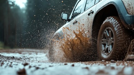 Close-up of a car driving through mud, water splashing outwards with motion blur, highlighting off-road activity and rugged tire movement on a forest path.