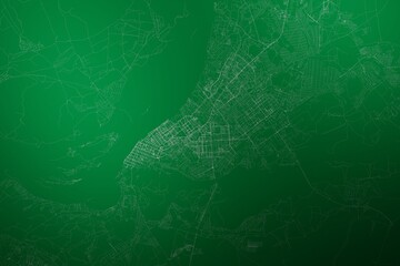 Map of the streets of Samara (Russia) made with white lines on abstract green background lit by two lights. Top view. 3d render, illustration