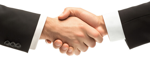 Obraz premium Business handshake between two men in suits, isolated on transparent cutout background