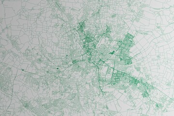 Map of the streets of Kharkiv (Ukraine) made with green lines on white paper. 3d render, illustration