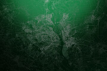 Street map of Kyiv (Ukraine) engraved on green metal background. Light is coming from top. 3d render, illustration