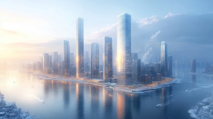 Fototapeta premium A futuristic cityscape with skyscrapers by the water at dawn.