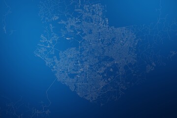 Stylized map of the streets of Manaus (Brazil) made with white lines on abstract blue background lit by two lights. Top view. 3d render, illustration