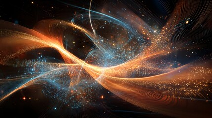 A captivating depiction of quantum particles in motion, illustrating the phenomenon of entanglement with dynamic trails of light and intricate patterns that convey the complexity of quantum 