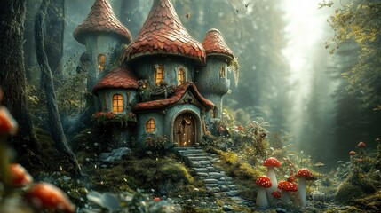 Fototapeta premium A whimsical, fairytale-inspired cottage nestled in a lush forest with a stone pathway leading up to its entrance, illuminated by warm lights.