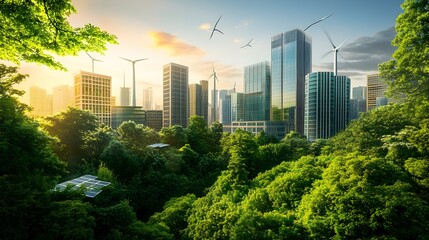 Fototapeta premium A green urban setting with eco-friendly buildings, clear skies, and renewable energy sources such as wind turbines and solar panels, representing a reduction in air pollution and a healthier 