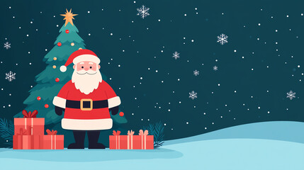 Festive Santa Claus standing beside a decorated Christmas tree with colorful gifts under it, surrounded by snowflakes, creating a cheerful holiday atmosphere.
